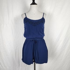 Aeropostale Navy Black Embroidered Cami Cinch Waist Romper Adjustable Straps, XS